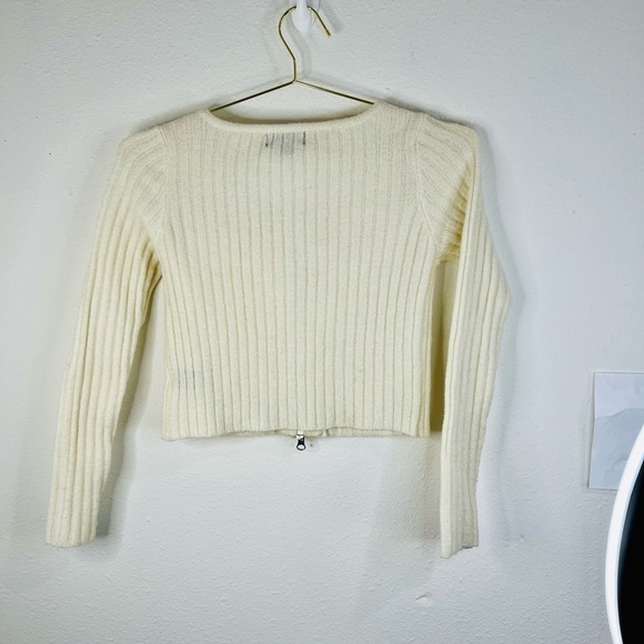 Say What Women’s Ivory Ribbed Knit Cropped Cardigan Sweater Small Zip-Up V-Neck - Picture 5 of 15